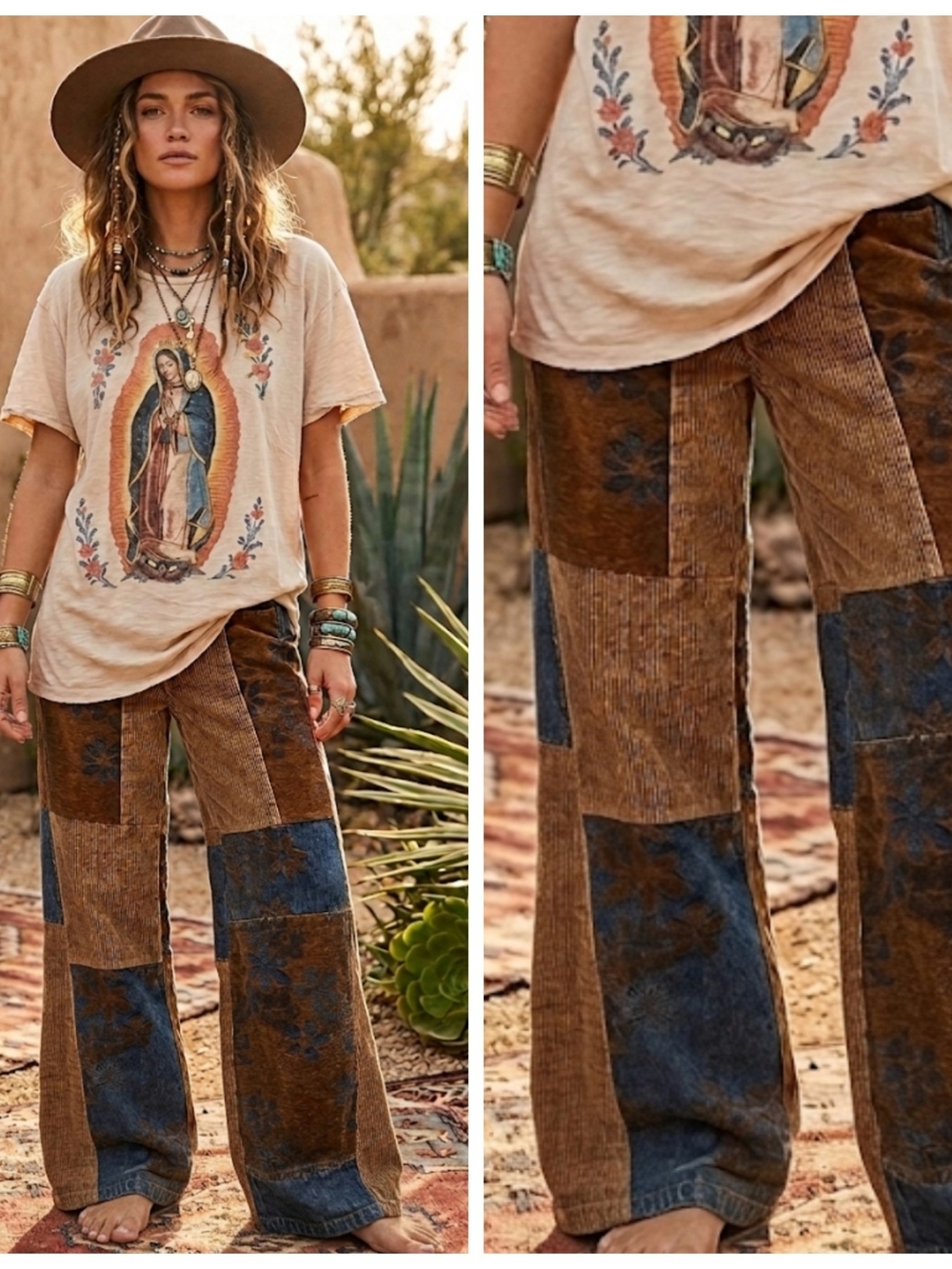 Boho Patchwork Corduroy Floral Contrast Print Pants - Brown & Blue